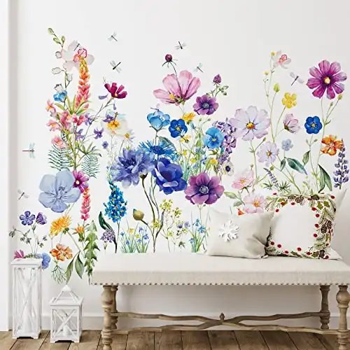 6 Piece Flowers & Dragonflies Peel and Stick Removable Wall Decals