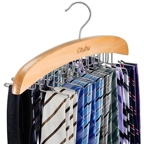 Wooden Organizer for Neckties, Belts, & Scarves with 24 Folding Hooks