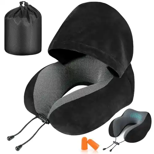 Velvet Memory Foam Neck Pillow with Hood for Travel