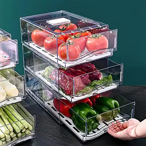 Stackable Refrigerator Storage Drawers with Drain Board and Drainage Hole (2 Drawers, Large)